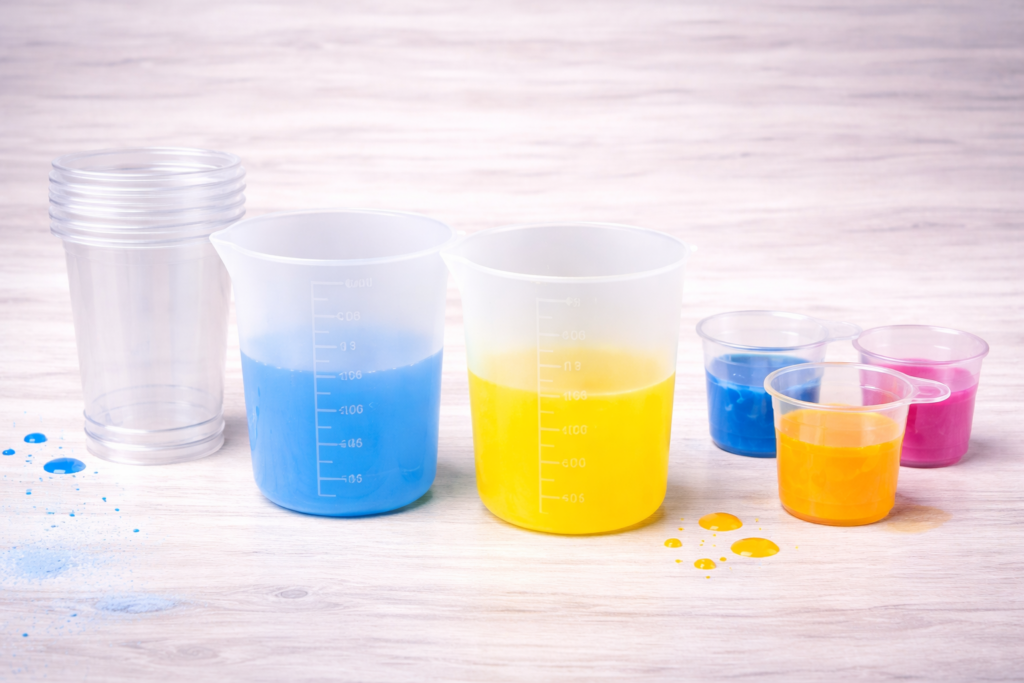 Силиконови или пластмасови чашки за смесване и оцветяване на епоксидна смола.